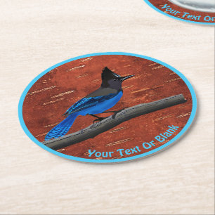 Steller's Jay On Inner Birch Bark Round Paper Coaster