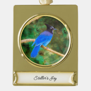 Steller's Jay Painting - Original Bird Art Gold Plated Banner Ornament