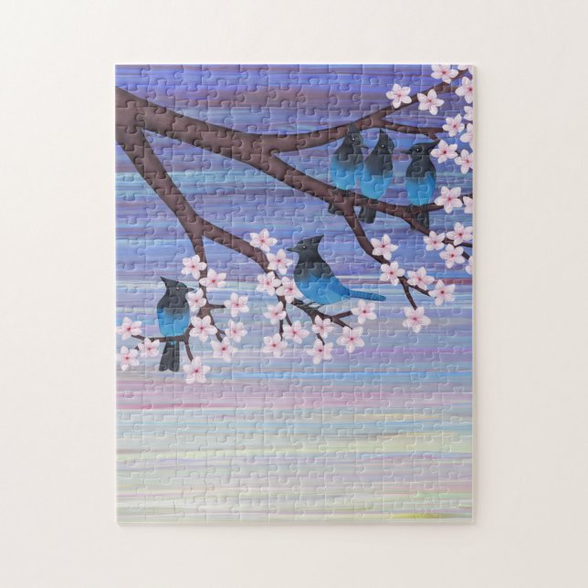 steller's jays & cherry blossoms jigsaw puzzle (Vertical)