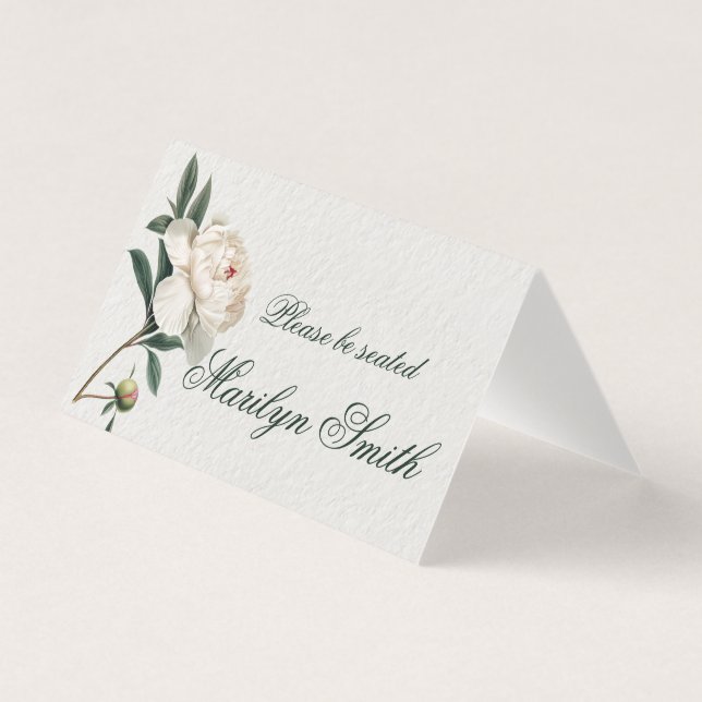 Stem of White Peony Wedding Name Place Card  (Front)