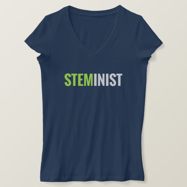 STEMinist Fitted V-Neck (Lime/White Text) T-Shirt (Design Front)