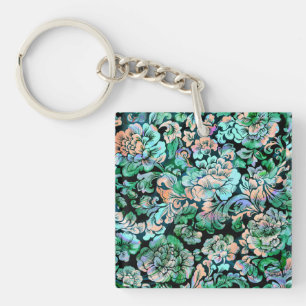 Stencil Floral in Green and Peach Key Ring