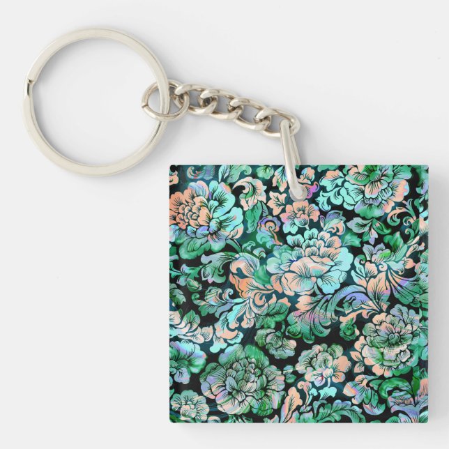Stencil Floral in Green and Peach Key Ring (Front)