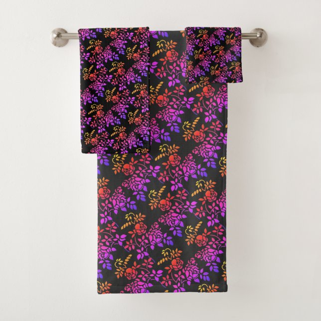 Stenciled Rose Flowers Abstract Colours Design    Bath Towel Set (Insitu)