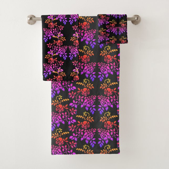 Stenciled Rose Flowers Abstract Colours Pattern  Bath Towel Set (Insitu)