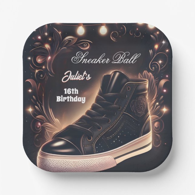 Step Chic Shoe Girl Sweet 16 Sneaker Ball Birthday Paper Plate (Front)