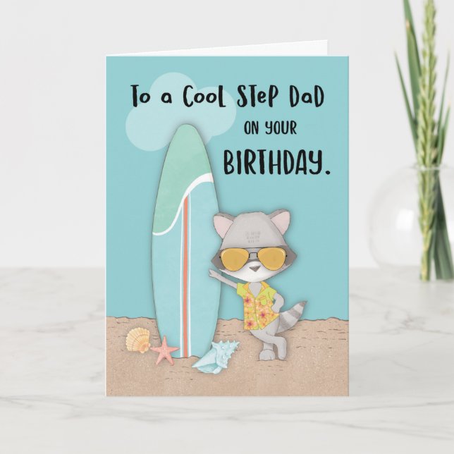 Step Dad Birthday Beach Funny Cool Racoon  Card (Front)