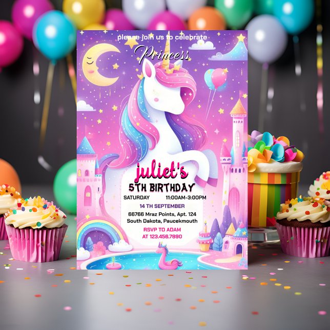 Step girly cute purple pink unicorn 1st birthday invitation (Creator Uploaded)