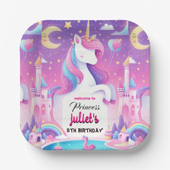 Step girly cute purple pink unicorn 5th birthday paper plate (Front)