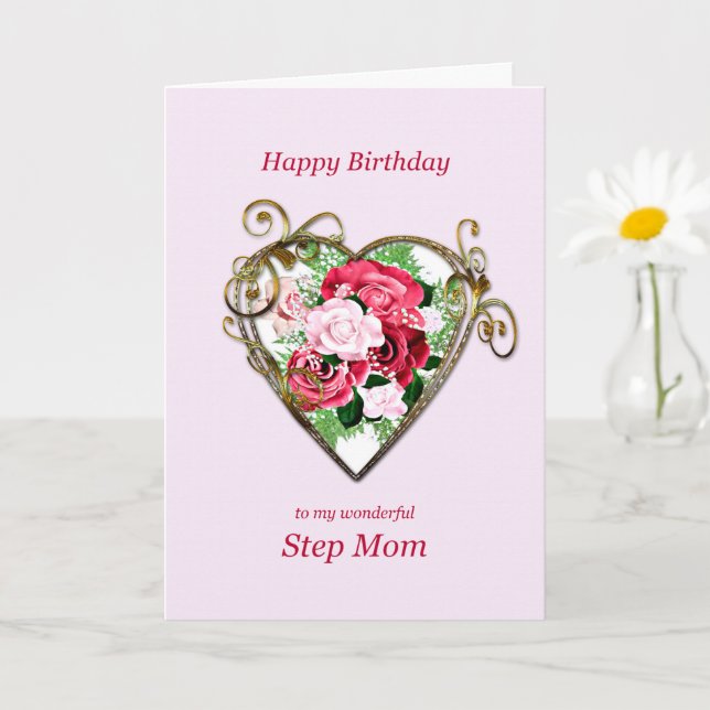 Step Mom Birthday Antique Painted Roses Card (Small Plant)