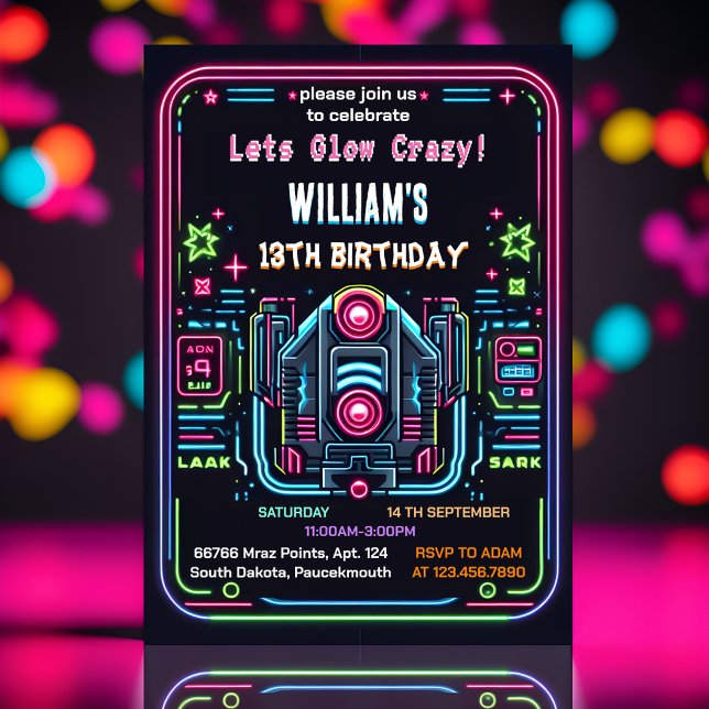 Step neon Glow arcade gun Laser Tag 13th Birthday Invitation (Creator Uploaded)