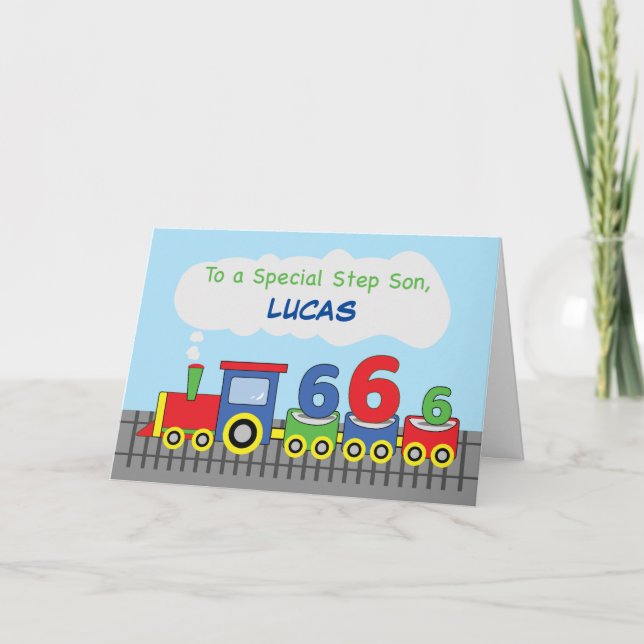 Step Son 6th Birthday Colourful Train on Track Card (Front)