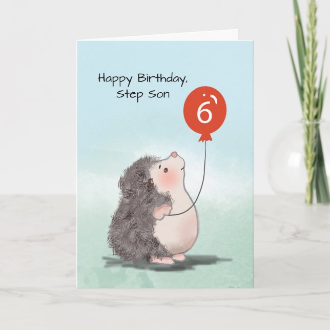 Step Son 6th Birthday Cute Hedgehog with Balloon Card (Front)
