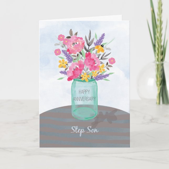 Step Son Anniversary Jar Vase with Flowers Card (Front)