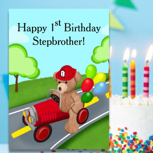 Stepbrother 1st Birthday Teddy Bear Firetruck Card