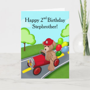 Stepbrother 2nd Birthday Teddy Bear Firetruck Card