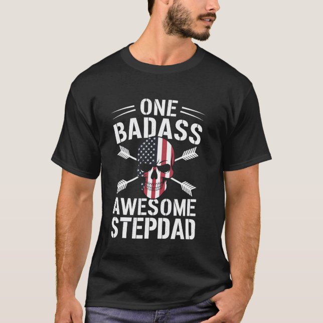 Stepdad American Flag Skull  for Stepfather T-Shirt (Front)