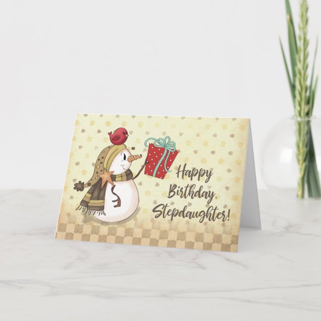 Stepdaughter Birthday Bird on Snowman with Present Card (Front)