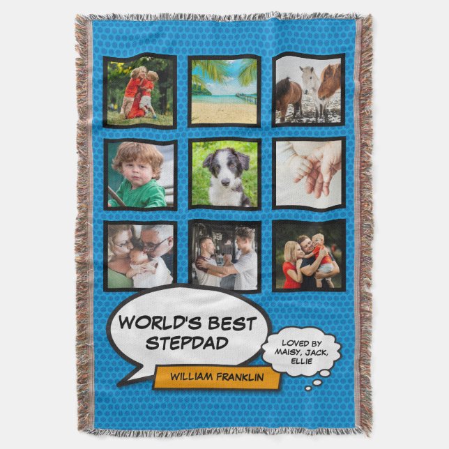 Stepfather, Stepdad 9 Photo Comic Book Fun Blue Throw Blanket (Front Vertical)