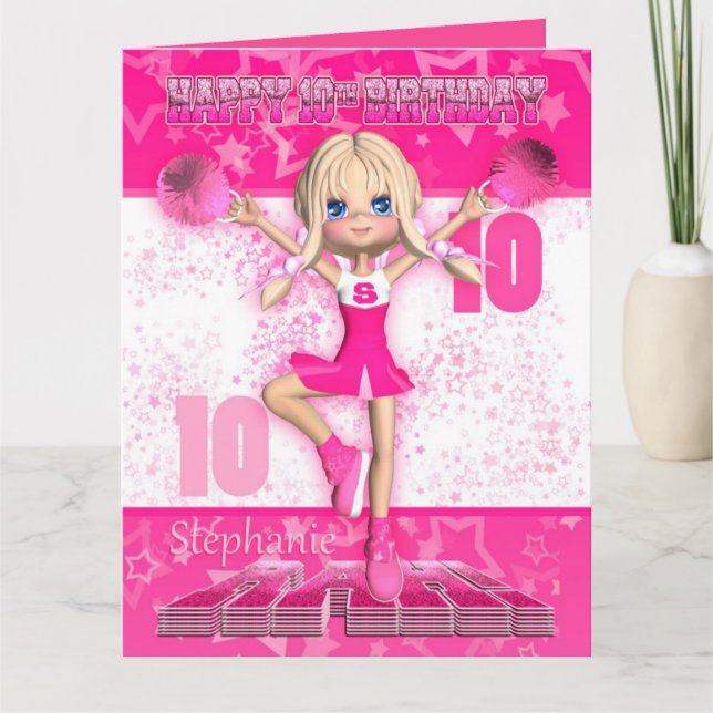 Stephanie 10th Birthday Card Pink Cheerleader (Front)