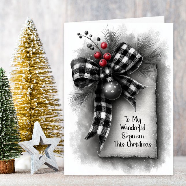 Stepmom Buffalo Plaid Bow Christmas Holiday Card (Creator Uploaded)