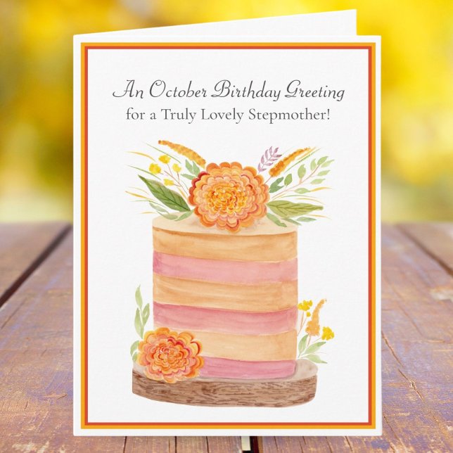 Stepmother October Birthday with Marigolds on Cake Card (Creator Uploaded)