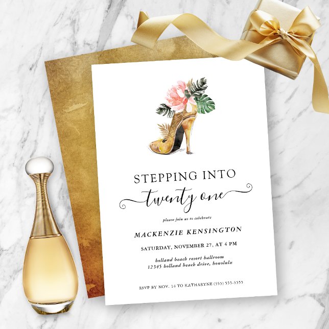 Stepping Into 21 Chic Floral Gold Heels Birthday I Invitation (Creator Uploaded)