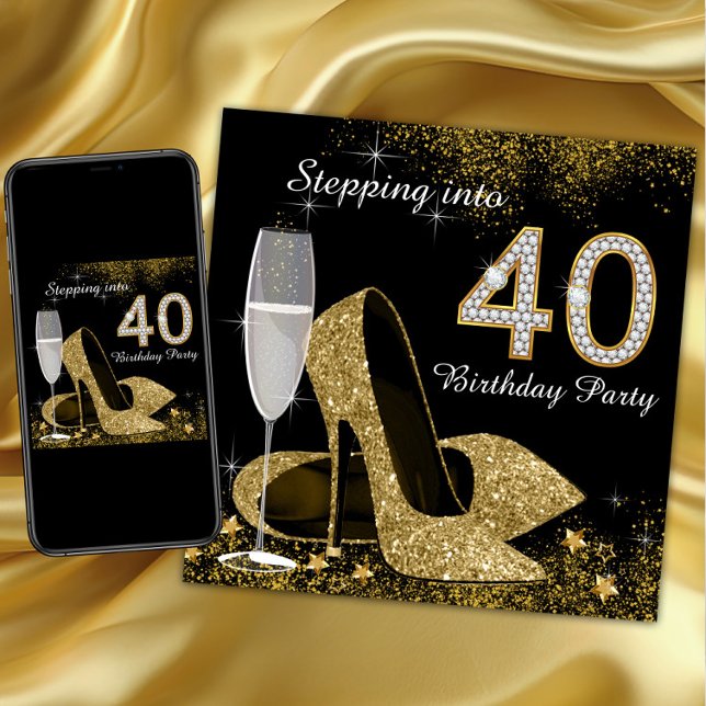 Stepping Into 40 Birthday Party Invitation (Womans stepping into 40 birthday party invitation with gold high heel shoes and diamond 40.)