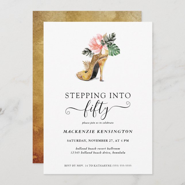 Stepping Into 50 Chic Floral Gold Heels Birthday Invitation (Front/Back)
