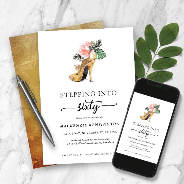 Stepping Into 60 Chic Floral Gold Heels Birthday Invitation (Creator Uploaded)