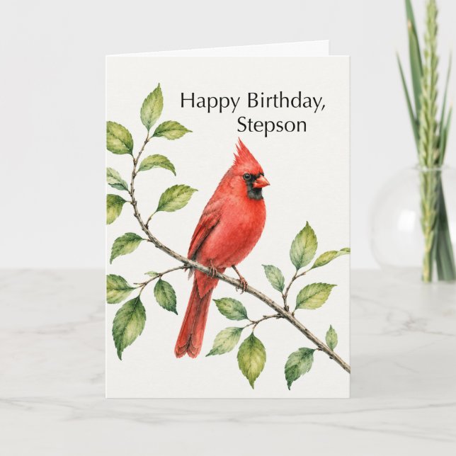Stepson Birthday Red Cardinal on Branch Card (Front)