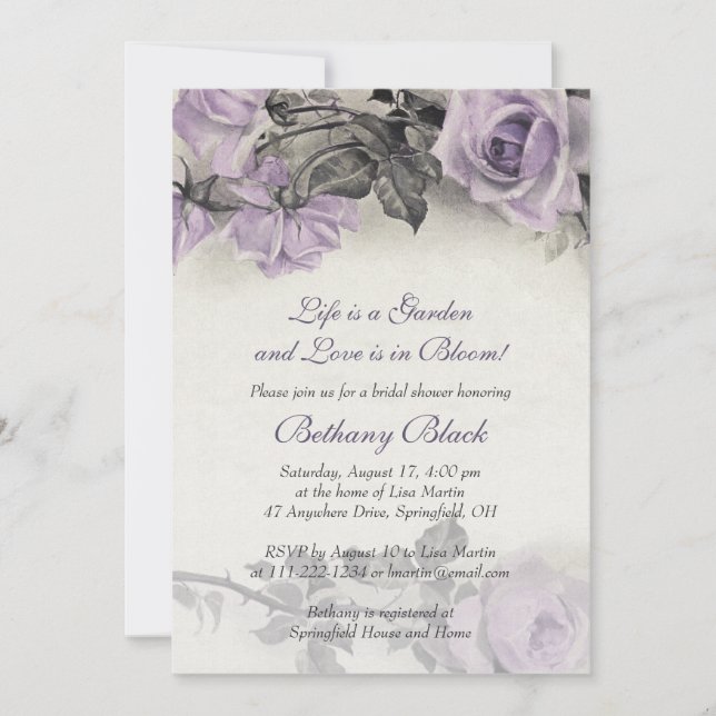 Sterling Silver Purple Rose Bridal Shower Invite (Front)