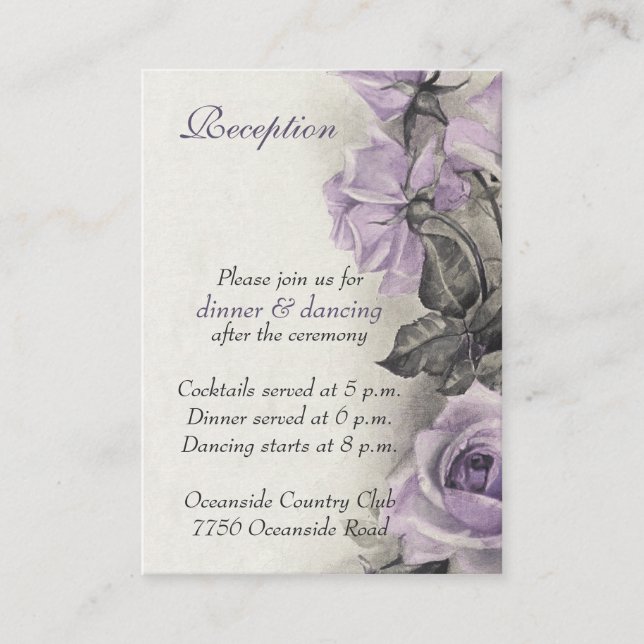 Sterling Silver Purple Rose Wedding Reception Card (Front)