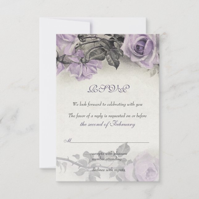 Sterling Silver Purple Rose Wedding RSVP Card (Front)