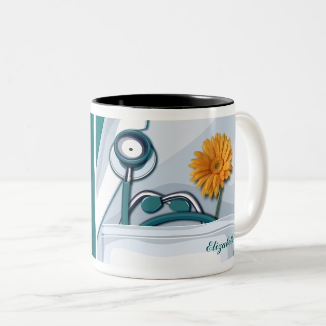 Stethoscope and Daisy Nurse Appreciation Gift Two-Tone Coffee Mug (Front Right)
