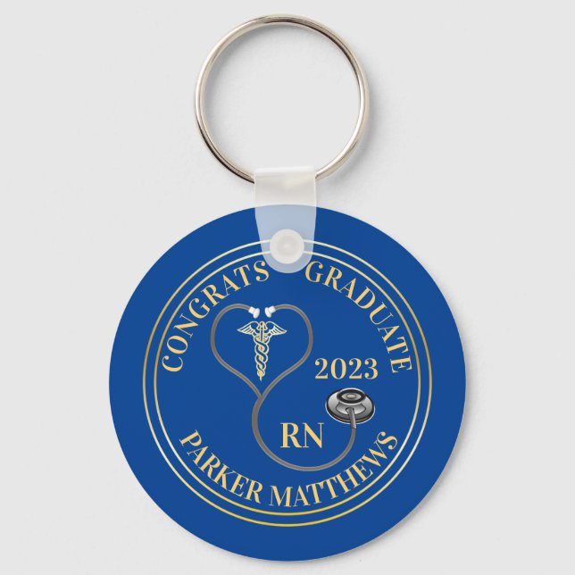 Stethoscope Caduceus RN Congrats Graduate - Blue Key Ring (Front)