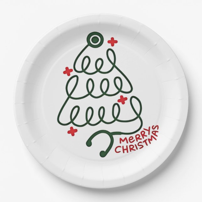 Stethoscope Christmas Tree Lights Nursing Scrubs  Paper Plate (Front)