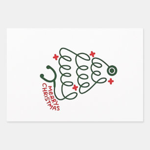 Stethoscope Christmas Tree Lights Nursing Scrubs Wrapping Paper Sheet