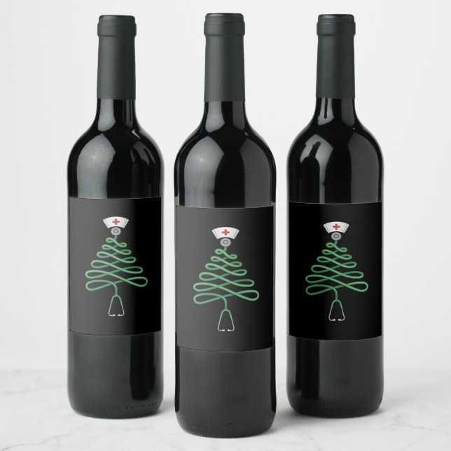Stethoscope Christmas Tree Nurse Scrub Xmas  Wine Label (Bottles)