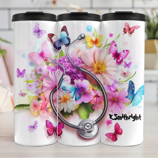 Stethoscope Flowers Butterflies Personalised Tribu Thermal Tumbler (Creator Uploaded)