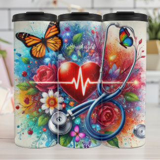 Stethoscope Heart Butterfly Colourful Nurse Thermal Tumbler