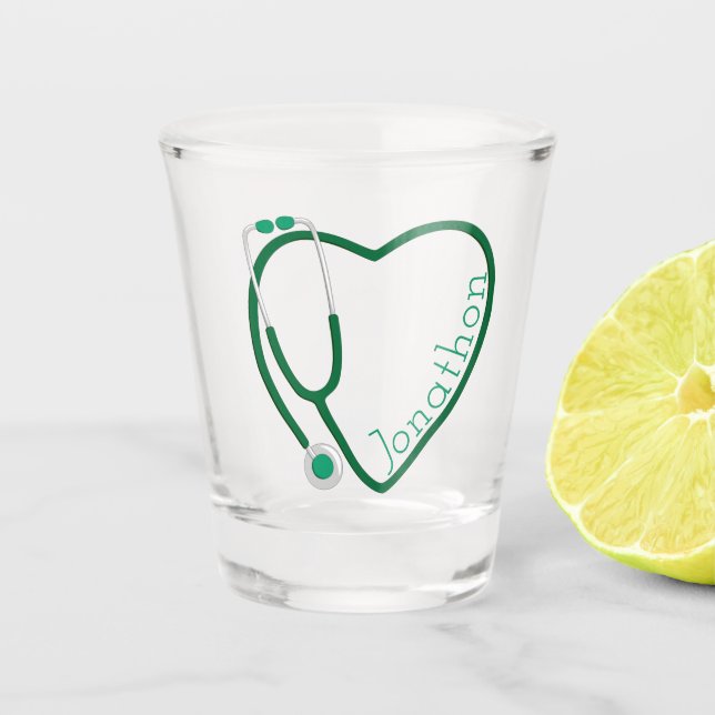 Stethoscope Heart Green Fun Valentine Shot Glass (Front)