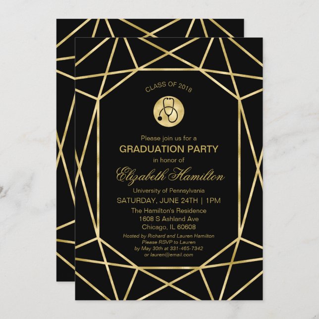Stethoscope Nursing School Grad Party Gold Gem Invitation (Front/Back)