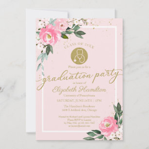 Stethoscope Nursing School Grad Party Pink Floral Invitation