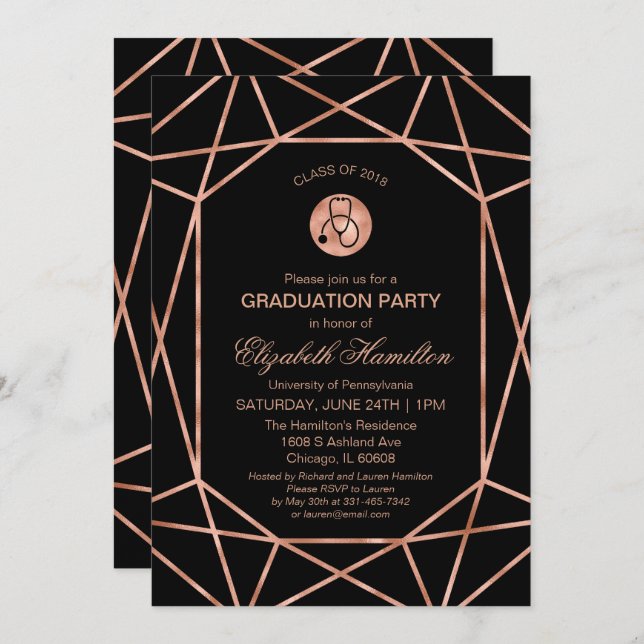 Stethoscope Nursing School Grad Party Rose Gold Invitation (Front/Back)