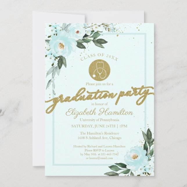 Stethoscope Nursing School Grad Party Teal Floral Invitation (Front)