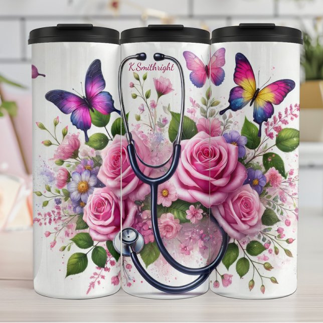 Stethoscope Roses Butterflies Elegant Nurse Thermal Tumbler (Creator Uploaded)