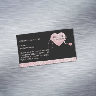 Stethoscope Sparkle Heart Pink Black Magnetic Business Card