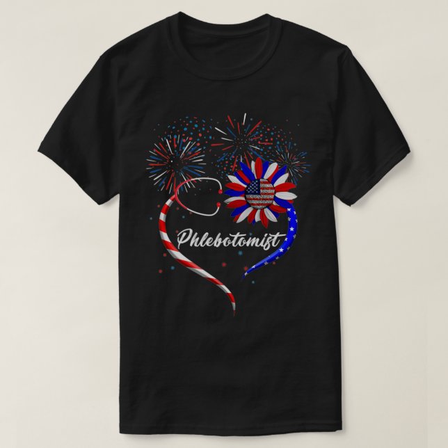 Stethoscope Sunflower Patriotic Phlebotomist 4th O T-Shirt (Design Front)