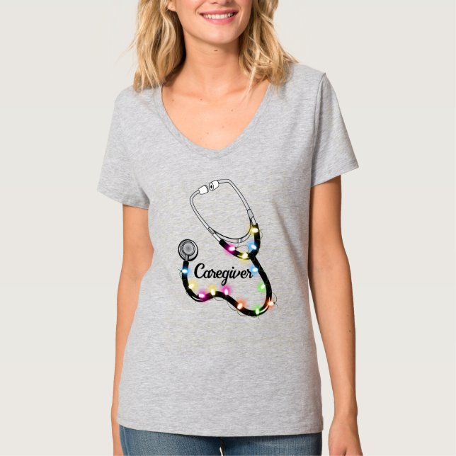 Stethoscope With Christmas Lights Merry Xmas Nurse T-Shirt (Front)